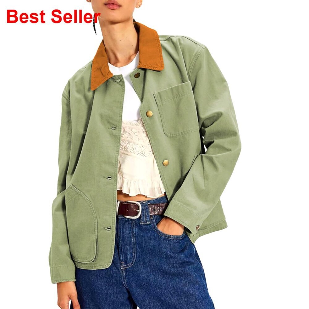 Women's Cropped Utility Jacket Button Up Long Sleeve with Pockets Casual